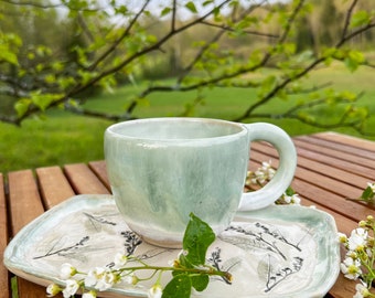 Coffee / Tea cup with decorative Saucer, Handmade pottery Mug and dessert plate, Botanical Ceramic dish, Pastel Green Natural Gift