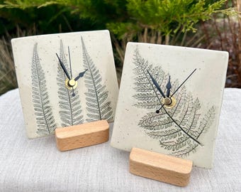 Ceramic Desk Clock, Nature Inspired Small Wall or Shelf Clock, Botanical Stoneware Tile