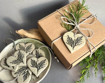 Botanical Embossed Pottery Ornaments – Ceramic Heart Gift Tags
