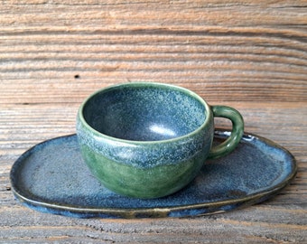 Ceramic Teacup and serving saucer, Handmade pottery mug, Rustic Kitchen tableware, Stoneware Espresso cup, Green Gray breakfast set