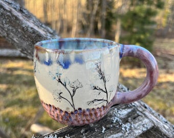 Handmade Stoneware Mug, Botanical Coffee Cup with Wild Flowers Embossed, Ceramic Tea Mug