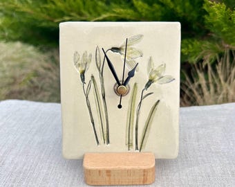 Handmade Ceramic Snowdrops Imprint Clock, Small Desk or Wall Clock, Minimalist Nature Decor