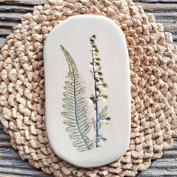 Wall Decorative tile, Handmade Ceramic, Wall Hanging, Kitchen decor, Farmhouse interior decoration, Fern, Wormwood, Botanical tile