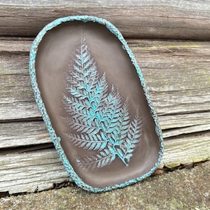 Ceramic Soap Dish, Handmade Pottery Trinket dish, Rustic Soap Holder, Blue Fern Imprint, Farmhouse Bathroom Decor image 1