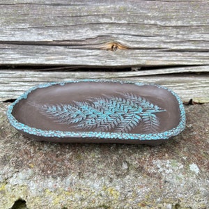Ceramic Soap Dish, Handmade Pottery Trinket dish, Rustic Soap Holder, Blue Fern Imprint, Farmhouse Bathroom Decor image 3