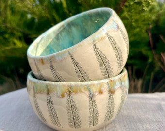 Handmade Ceramic Bowl with Fern Embossing SET of TWO, Botanical Breakfast Dish
