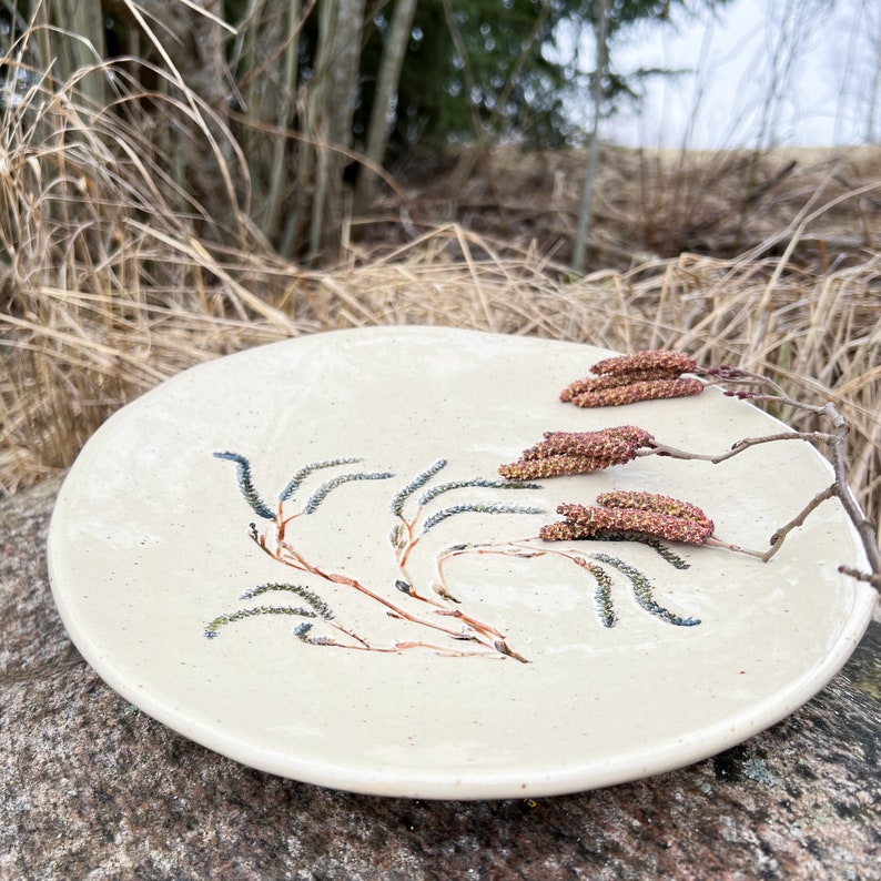 Ceramic serving platter Hazel branches, Botanical art, Handmade Farmhouse kitchen decor, Gift for plant lovers, Decorative Tray Rustic plate image 8