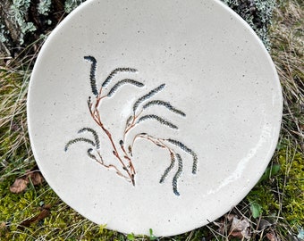 Ceramic serving platter Hazel branches, Botanical art, Handmade Farmhouse kitchen decor, Gift for plant lovers, Decorative Tray Rustic plate