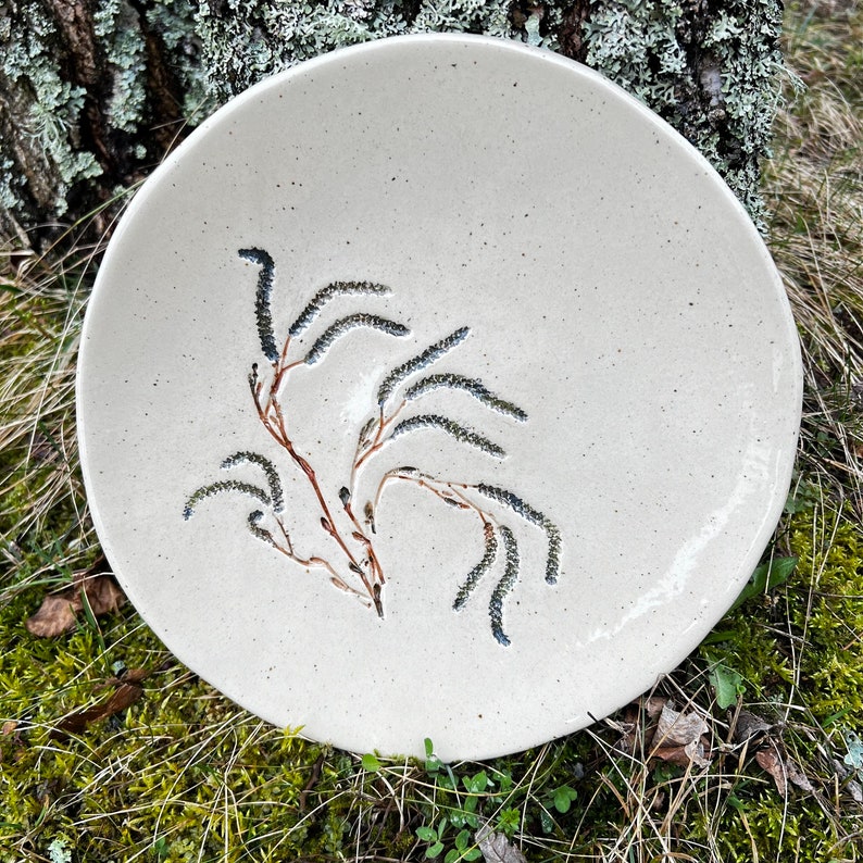 Ceramic serving platter Hazel branches, Botanical art, Handmade Farmhouse kitchen decor, Gift for plant lovers, Decorative Tray Rustic plate image 1