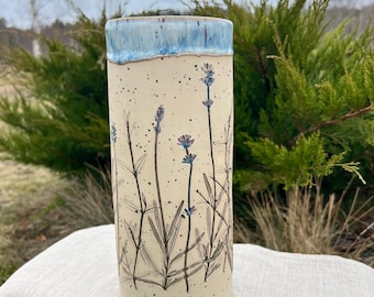 Handmade Speckled Stoneware Vase, Lavender Imprint Floral Pottery, Blue Glaze Rim