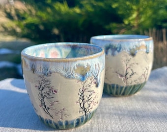 Ceramic Tumbler with Wormwood Embossing, Handmade Handleless Mug, Botanical Stoneware Coffee Cup