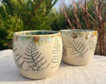 Stoneware Tumblers, Handleless Ceramic Cups with Fern Imprints, Earth Tone Pottery