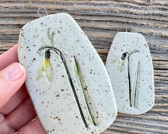 Ceramic snowdrop Wall Decors, Decorative Wallart tiles, Rustic Botanical Wall Art, Set of 2