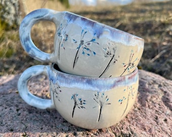 Handmade Botanical Stoneware Mug, Wild Meadow Grass Ceramic Cup, Spring Inspired Coffee Mug