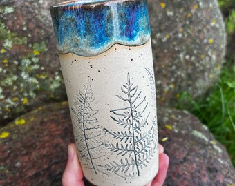 Ceramic Cylinder Vase, Unique handmade pottery vase, Home Decor, Real Ferns imprint, Rustic housewarming gift, Gift for nature lover