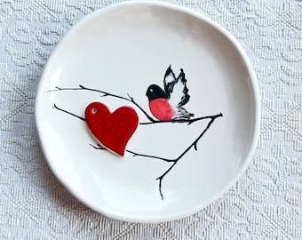 Bullfinch Handpainted Ceramic platter, Festive plate, Home decor, Valentines day Gift, Red bird watcher gift