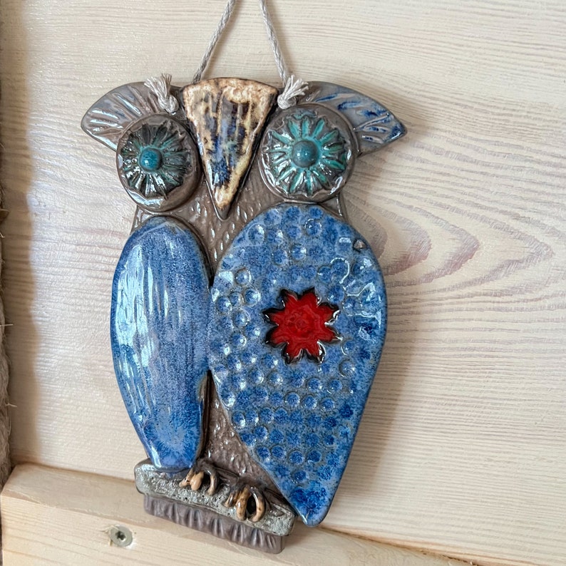 Abstract OWL Wall Decor, Handmade Ceramic Wall Hanging art, Rustic home decor, Outdoor decoration, Colorful owl, Gift for owl lover image 5