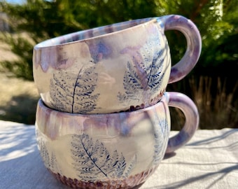 Large Stoneware Mug with Fern Embossing, Handmade Ceramic Coffee or Tea Cup, Nature-Inspired Pottery