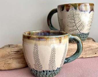 Fern Imprint Stoneware Mug, Handmade Earth-Tone Ceramic Cup for Home & Outdoor Adventures