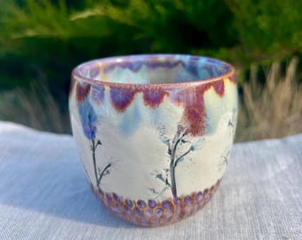 Stoneware Tumbler, Handleless Ceramic Cups with wild plants imprints, Rustic Pottery