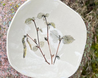 Ceramic serving plate Hazel branches, Botanical platter, Handmade Farmhouse kitchen decor, Gift for plant lovers, Decorative Trinket dish