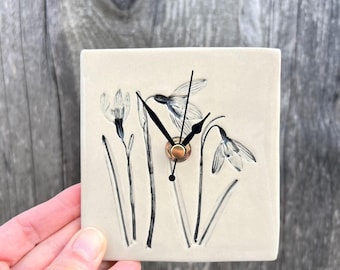 Small Desk or Wall Clock, Handmade Ceramic Snowdrops Imprint Clock, Minimalist Nature Decor