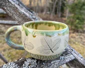Large pottery mug with Strawberry Leaf Embossing, Handmade Ceramic Cup, Stoneware mug gift