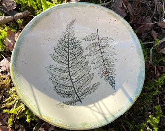 Stoneware dessert plate, Ceramic plate, Botanical art, Serving plate, Breakfast plate, Green forest ferns, Rustic decor, Symbol of Healing