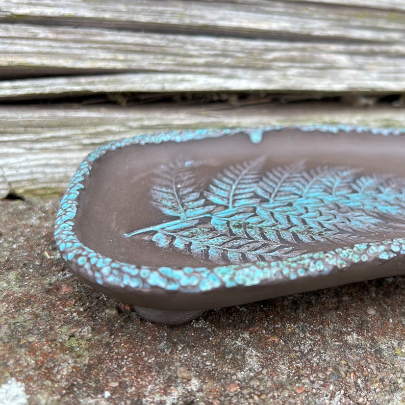 Ceramic Soap Dish, Handmade Pottery Trinket dish, Rustic Soap Holder, Blue Fern Imprint, Farmhouse Bathroom Decor image 4