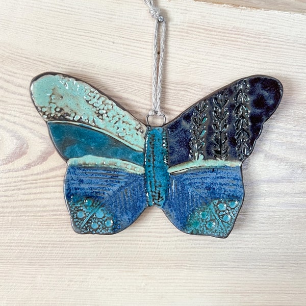 Ceramic butterfly wall art, Spring Indoor or Outdoor decor, Rustic wall hanging decoration, for Farmhouse Interior, Textured blue, Gift her