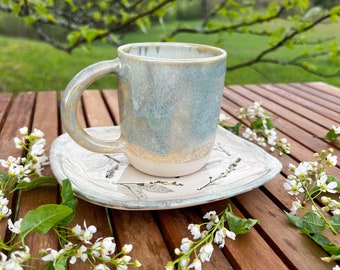Ceramic Coffe Tea mug with Bird Cherry plant imprinted serving plate, Handmade pottery Cup, Cake plate, Botanical Natural Gift