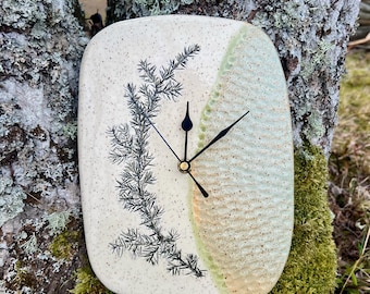 Ceramic Wall Clock with Juniper imprint, Nature inspired home decor, Cottage core gift