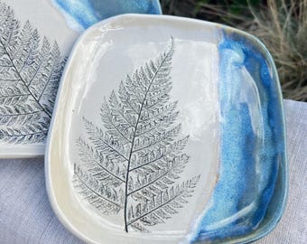 Handmade Botanical Dessert Plates – Set of 2, FERN Leaf Imprint, Coffee Cup Saucer
