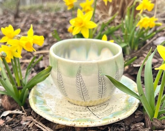 Small Espresso Cup and Saucer, Ceramic Set with Ferns Imprint, Handmade Botanical Stoneware