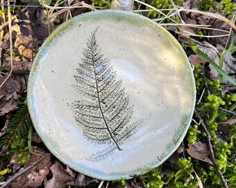 Stoneware dessert plate with fern imprint, Ceramic plate, Botanical art, Serving plate, Breakfast plate, Rustic decor, Symbol of Healing