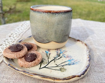 Espresso Cup and Decorative plate Set, Handmade ceramic Tumbler and Saucer, Breakfast set, Botanical Natural Gift, Coffee gift set