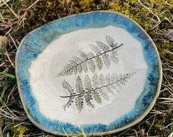 Ceramic dessert plate Ferns,  Stoneware plate, Botanical art, Trinket dish, Breakfast plate, Rustic home decor, Gift for nature lover