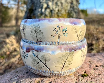 Handmade Botanical Stoneware Bowl, Spring Inspired Ceramic Bowl, Small Breakfast dish
