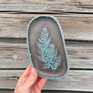 Ceramic Soap Dish, Handmade Pottery Trinket dish, Rustic Soap Holder, Blue Fern Imprint, Farmhouse Bathroom Decor image 2