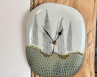 Fern Imprint Ceramic Wall Clock, Handmade Botanical Forest Clock, Nature Inspired Home Decor