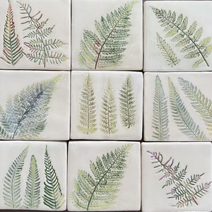 Ceramic Tiles, Set of 12 handmade Botanical tiles, Wild Ferns, Rustic kitchen decors, Wall decors, Backsplash, Mosaic