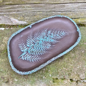 Ceramic Soap Dish, Handmade Pottery Trinket dish, Rustic Soap Holder, Blue Fern Imprint, Farmhouse Bathroom Decor image 7