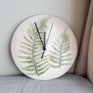 Pottery Wall Clock Green Ferns, Botanical clock, Farmhouse interior element, Unique Wall decor, Decorative clock