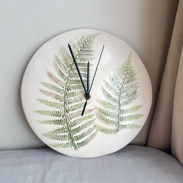 Pottery Wall Clock Green Ferns, Botanical clock, Farmhouse interior element, Unique Wall decor, Decorative clock