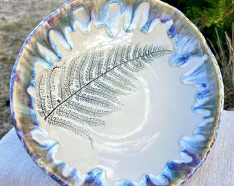 Botanical Stoneware Bowl, Handmade Ceramic Fern Dish, Decorative Serving Bowl