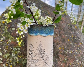 Ceramic Cylinder Vase, Rustic Vase, Unique handmade pottery vase, Home Decor, Real Ferns imprint, Housewarming gift, Gift for Mum