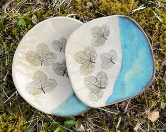 Light Blue dessert plate with strawberry leaves, Handmade Botanical plate, Rustic Kitchen table decor, Cake Plate, Cute gift