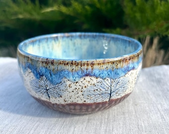 Rustic Breakfast Bowl, Botanical handmade ceramic Serving Dish with blue Strawberries Leaves