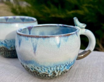 Pottery coffee mugs, Handmade Stoneware Mug with small bird, Light Blue Cup