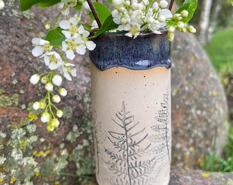 Ceramic Tube Vase, Cylinder Vase, Unique handmade pottery vase, Home Decor, Real Ferns imprint, Rustic housewarming gift